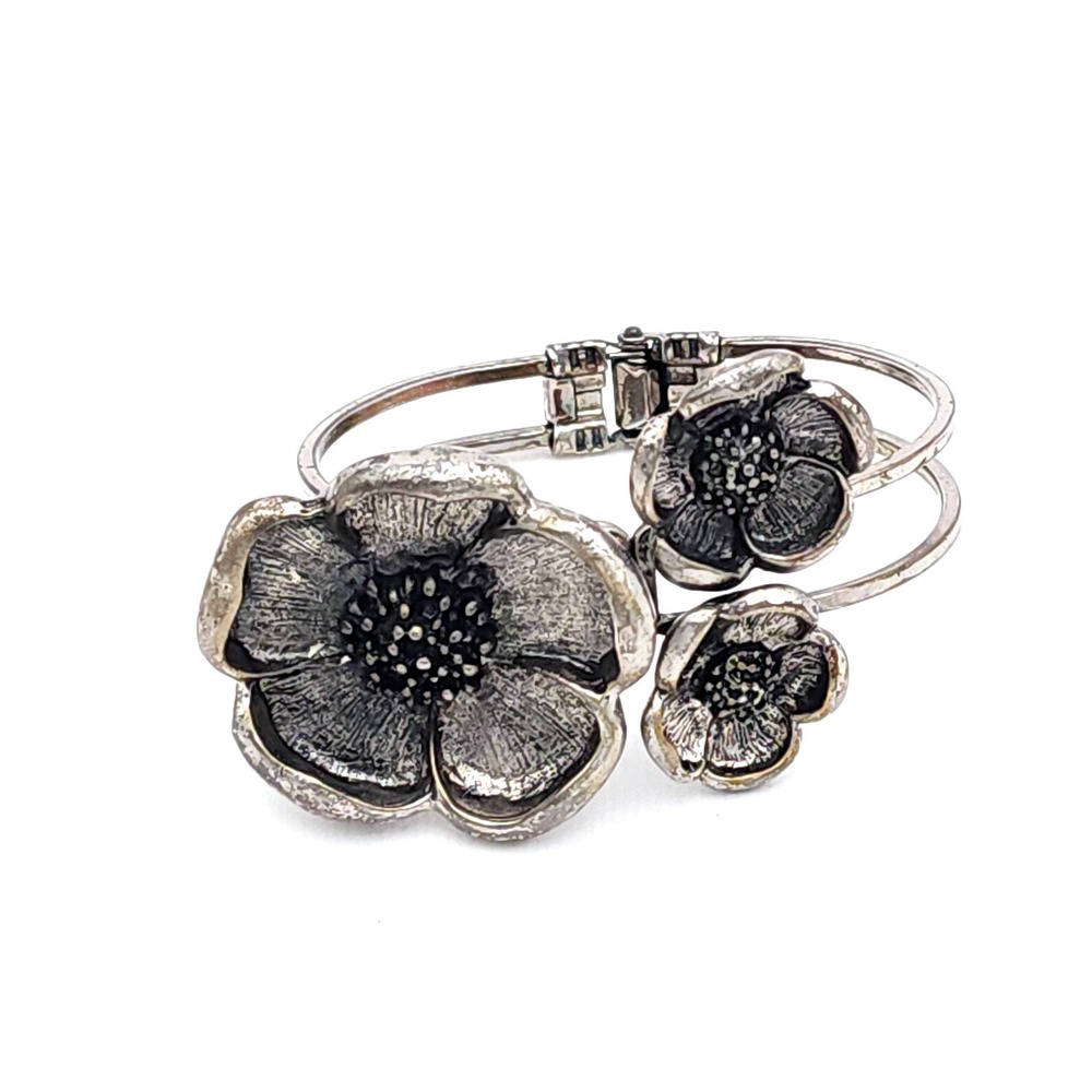 Silver Floral Cuff Bracelet Hinged Three Flower Vintage Style